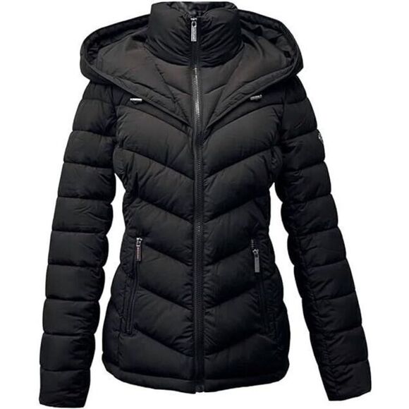 MICHAEL Michael Kors Hooded Packable Down Puffer Jacket Coat Zip Front Black S - Picture 1 of 4